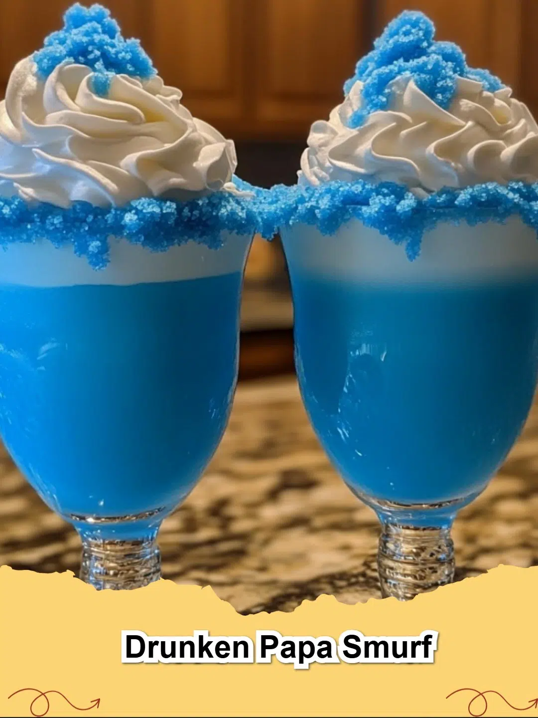 A vibrant blue Drunken Papa Smurf cocktail garnished with a cherry and lemon slice in a tall glass.