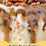Delicious slice of Easy Butter Pecan Praline Poke Cake with caramel and pecans