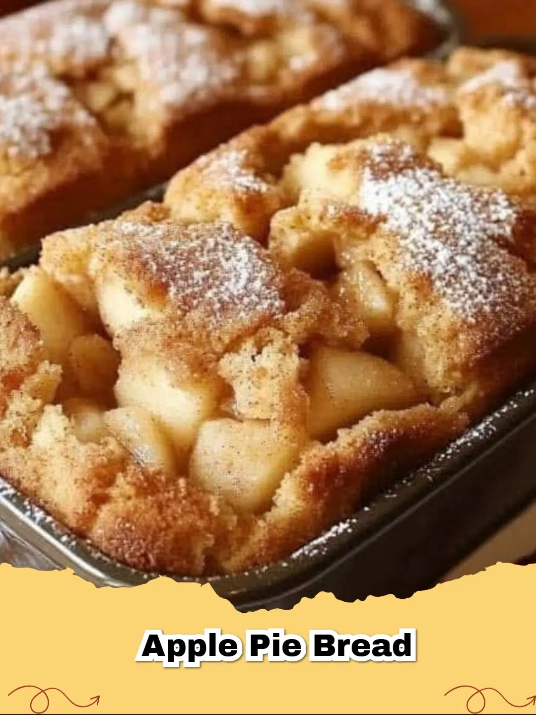 Two golden-brown loaves of Easy Cake Mix Apple Pie Bread, sliced, with fresh apples and cinnamon sticks in the background.