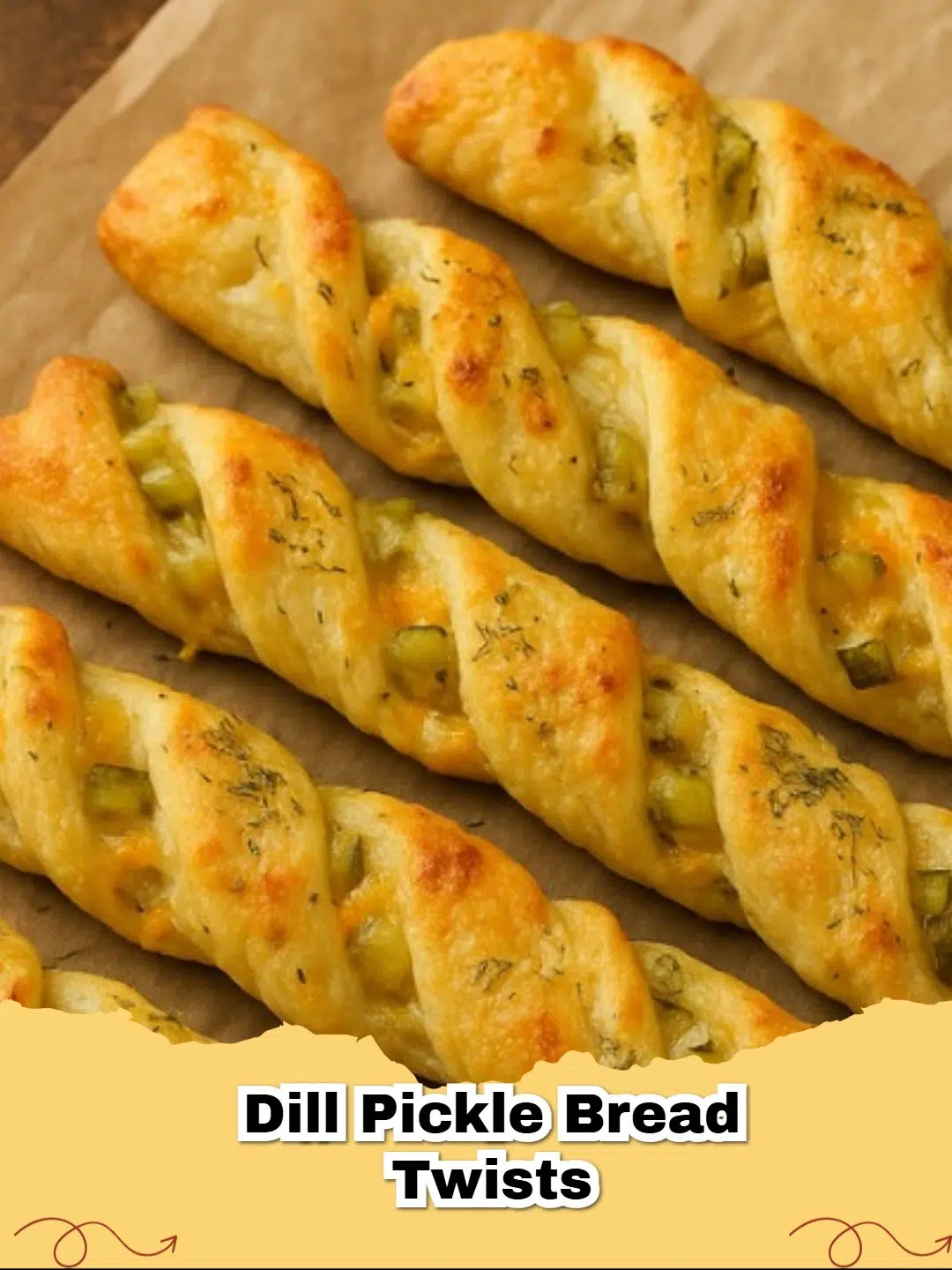 Close-up of golden brown easy cheesy dill pickle bread twists on a baking sheet, fresh out of the oven.