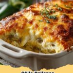 Close-up of a golden-brown Chile Rellenos Casserole, freshly baked and bubbling with melted cheese and roasted poblano peppers.