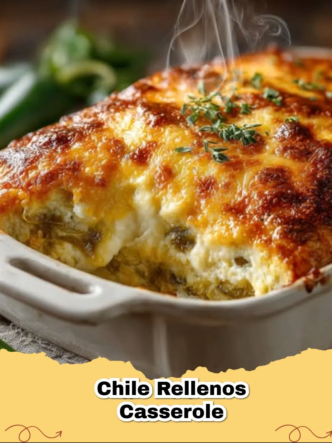 Close-up of a golden-brown Chile Rellenos Casserole, freshly baked and bubbling with melted cheese and roasted poblano peppers.