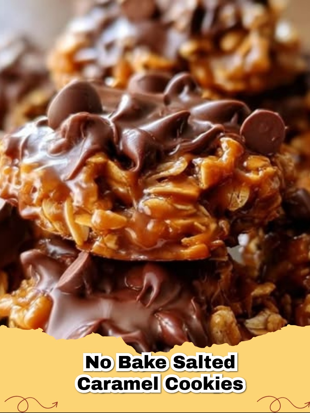 Pile of Easy No Bake Salted Caramel Oatmeal Cookies on a parchment-lined platter.