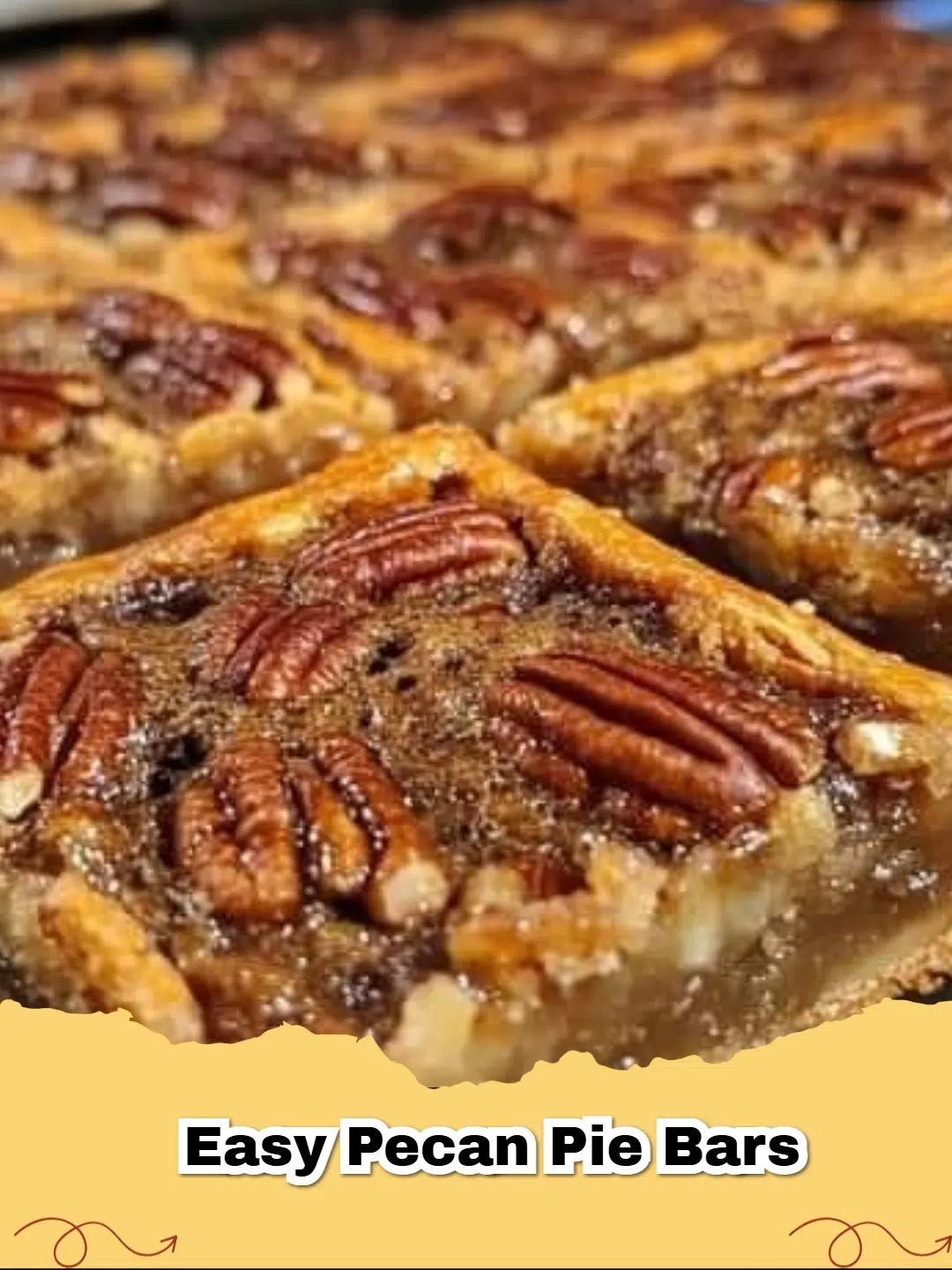 Close-up of golden brown easy pecan pie bars with a flaky crust and gooey pecan filling