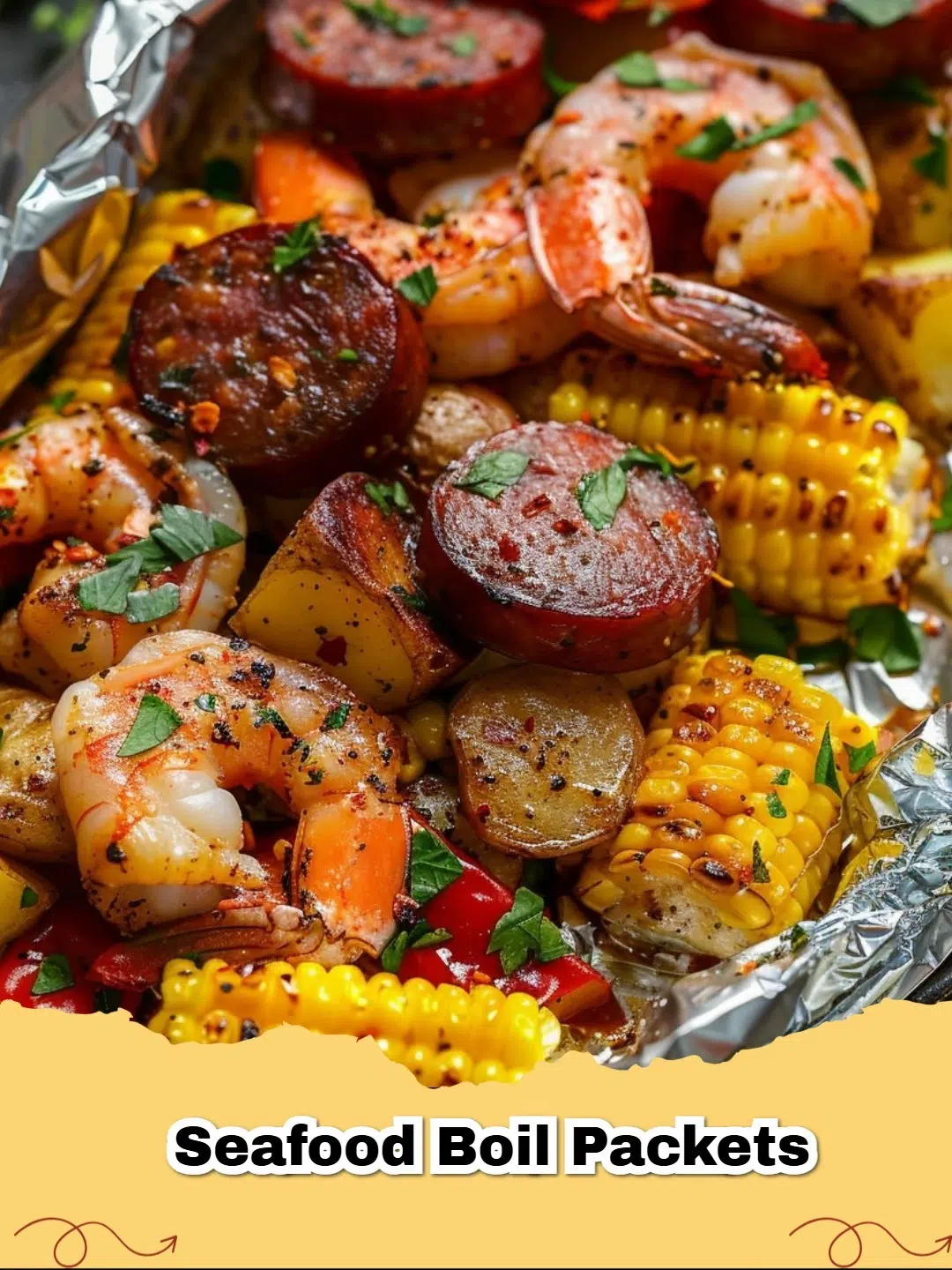 Close-up of a seafood boil packet overflowing with seasoned shrimp, sausage, corn, and potatoes, ready to be eaten.
