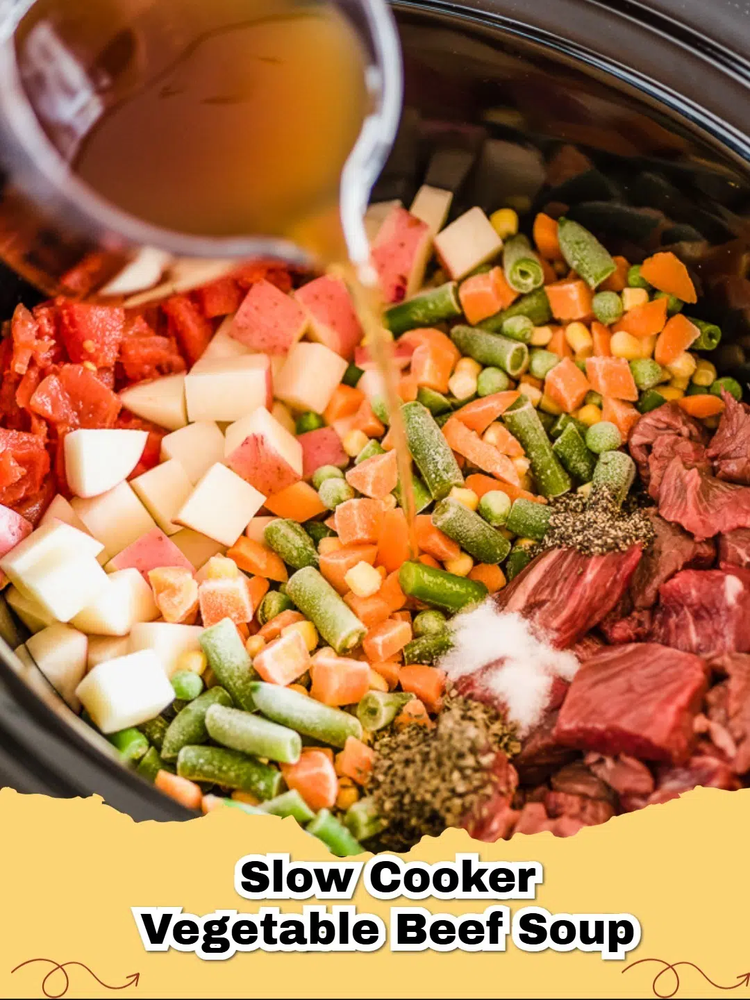 A steaming bowl of hearty slow cooker beef vegetable soup, garnished with fresh herbs.