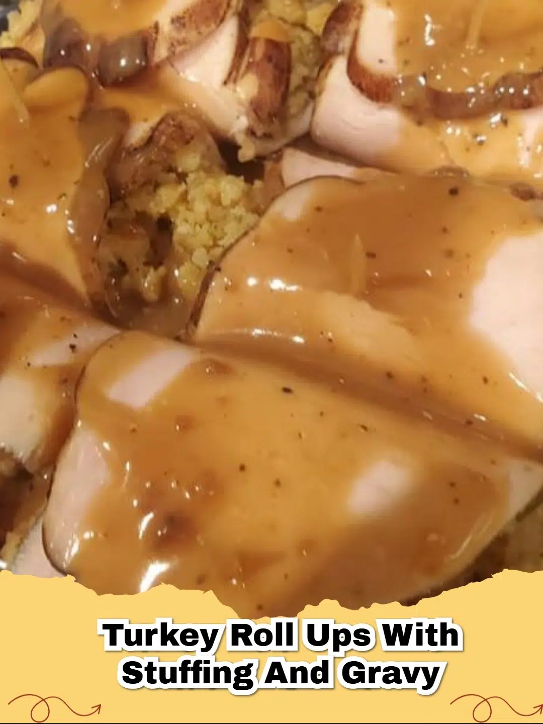 Platter of golden-brown Easy Stove Top Turkey & Stuffing Roll-Ups with gravy poured over, garnished with fresh parsley.