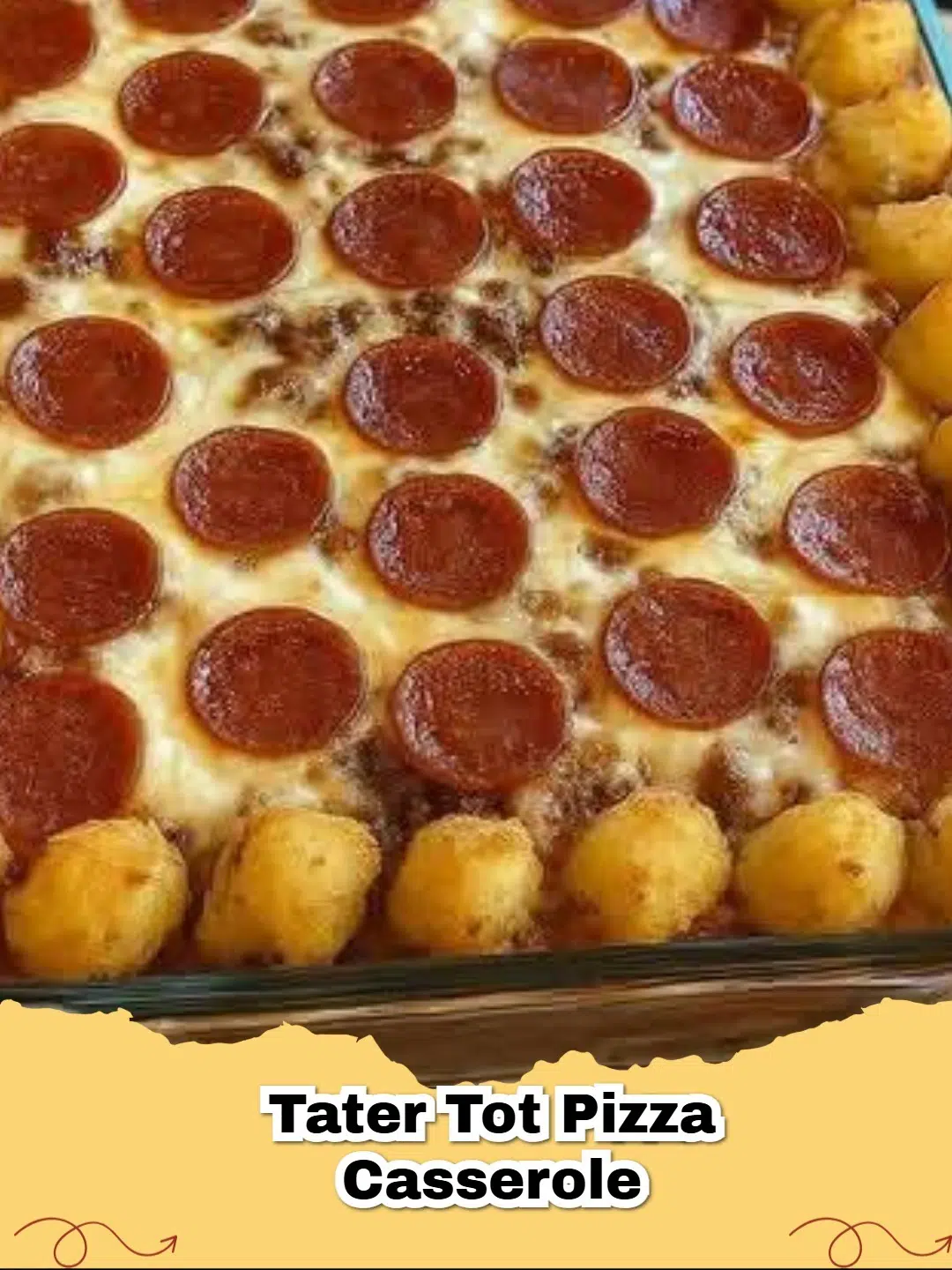 Delicious golden brown Easy Tater Tot Pizza Casserole with melted cheese and pepperoni