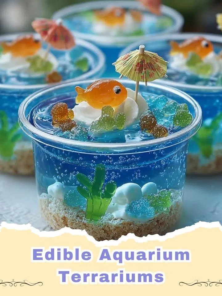 Vibrant Edible Aquarium Jell-O Cups with gummy fish and candy decorations, perfect for a kids party.