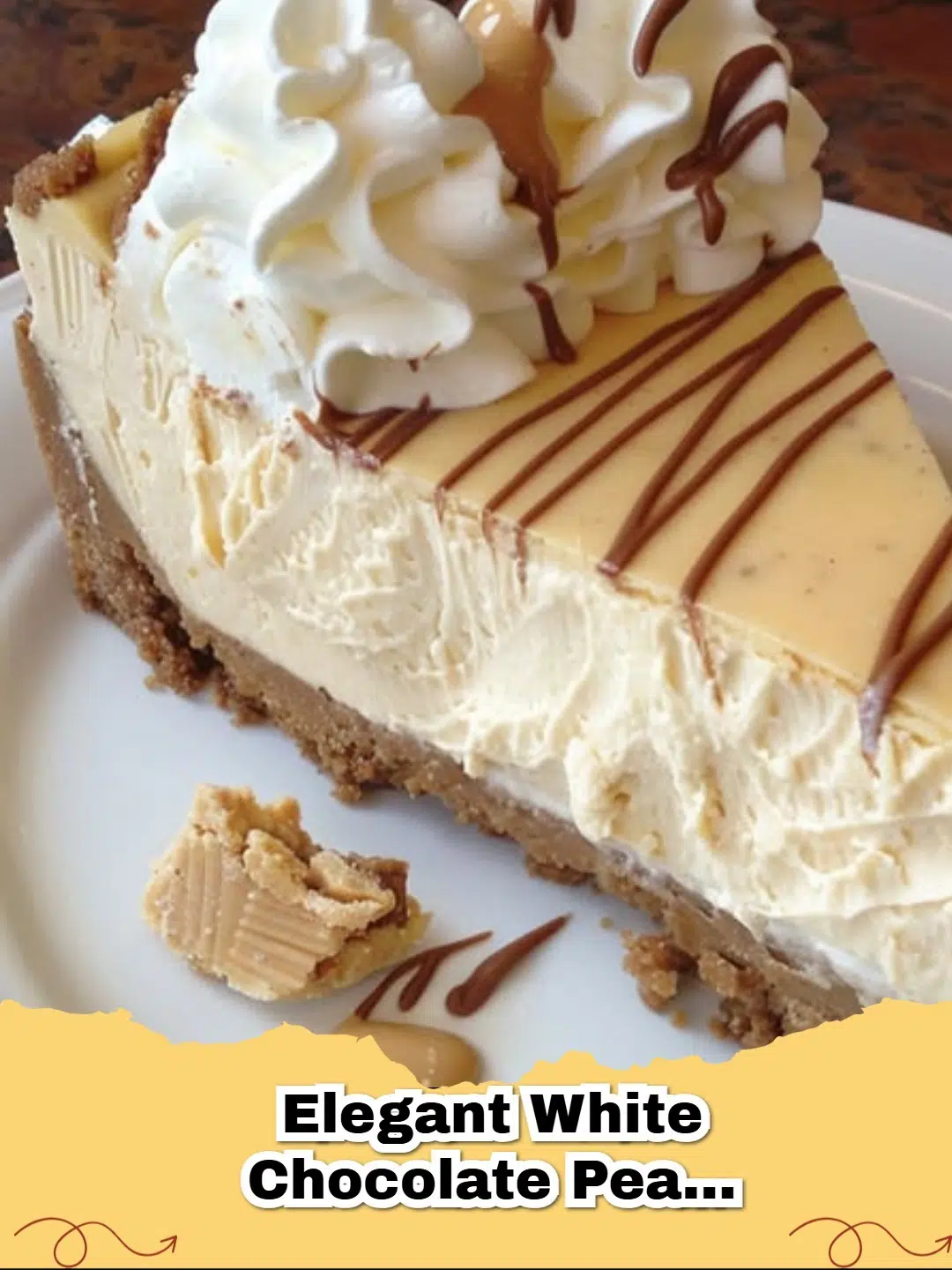 Slice of elegant white chocolate peanut butter cheesecake with chocolate drizzle and a crumbly crust