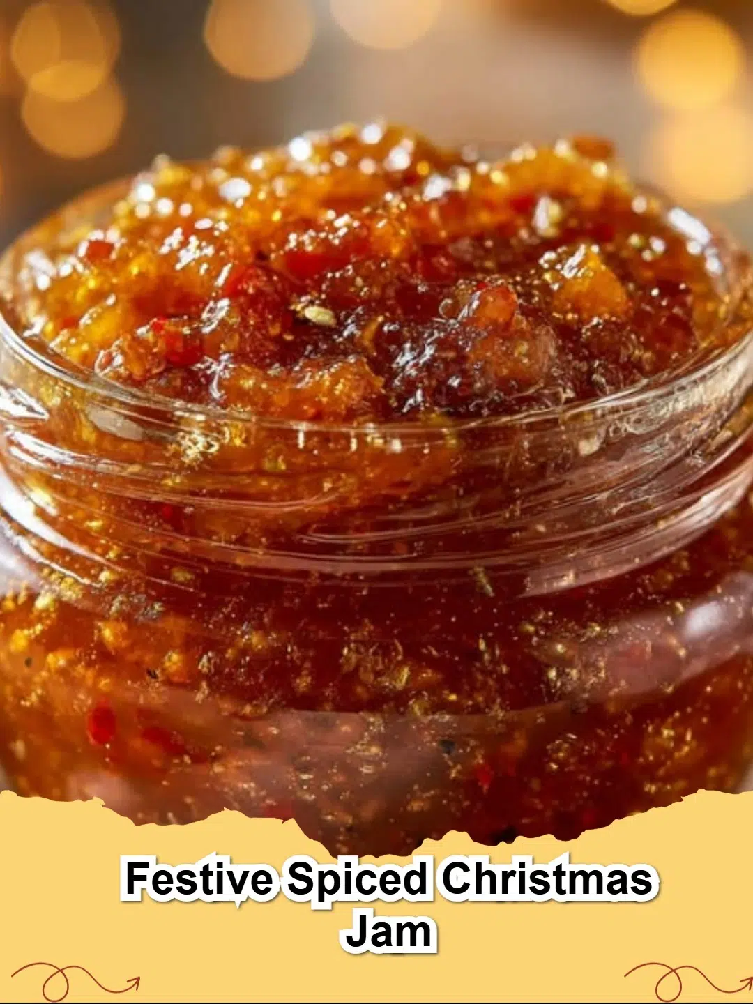 Close-up of vibrant red Festive Spiced Christmas Jam in a clear canning jar, adorned with a festive ribbon and surrounded by cinnamon sticks and star anise.