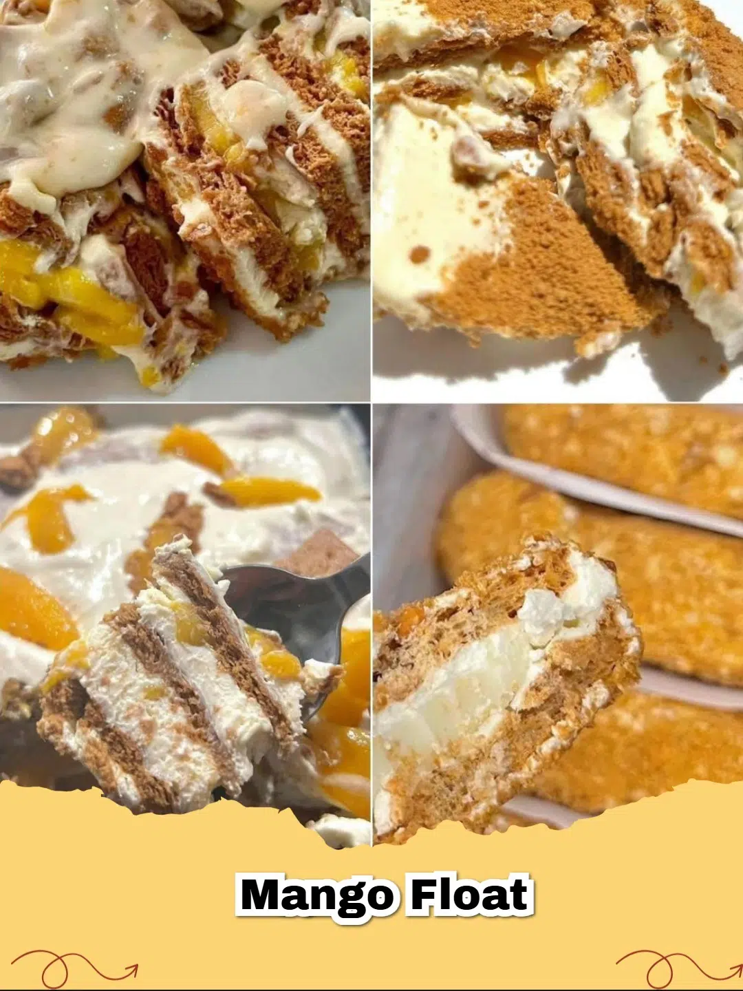 Close-up of a delectable Mango Float dessert with layers of creamy topping and fresh mango slices in a glass dish, highlighting the Filipino Mango Float recipe.