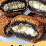 Delicious fried Oreo cheesecake bites drizzled with glaze and topped with crushed Oreos.