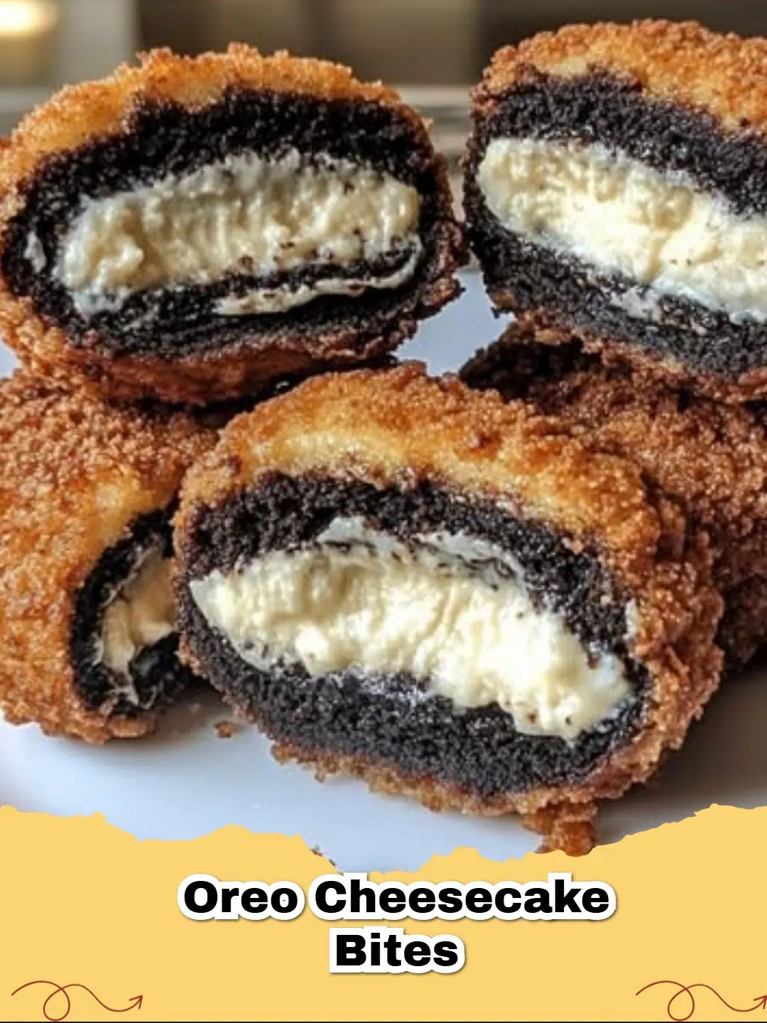 Delicious fried Oreo cheesecake bites drizzled with glaze and topped with crushed Oreos.