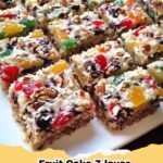 Close-up of baked Fruit Cake Magic Bars with layers visible, ready to be served on a festive platter.