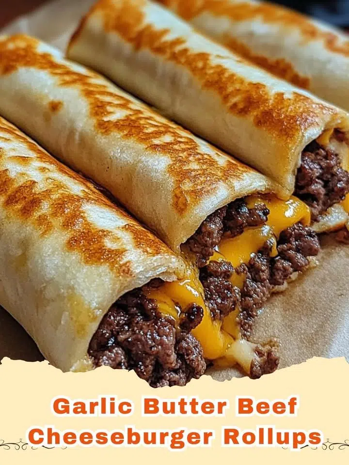 Delicious garlic butter beef cheeseburger rollups golden brown with melted cheese on a serving platter.