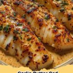 Golden brown garlic butter cod strips garnished with parsley, served with a side of sweet chili lime dipping sauce.