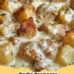 A close-up shot of a serving of Garlic Parmesan Crockpot Chicken and Potatoes, featuring tender golden chicken, roasted baby potatoes, and a creamy, herby sauce, garnished with fresh parsley.