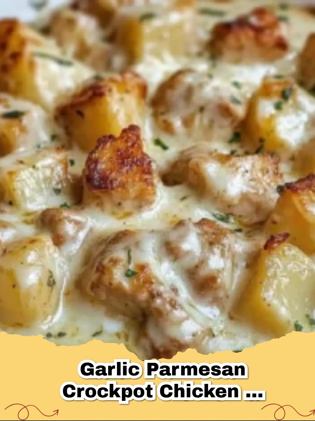 A close-up shot of a serving of Garlic Parmesan Crockpot Chicken and Potatoes, featuring tender golden chicken, roasted baby potatoes, and a creamy, herby sauce, garnished with fresh parsley.