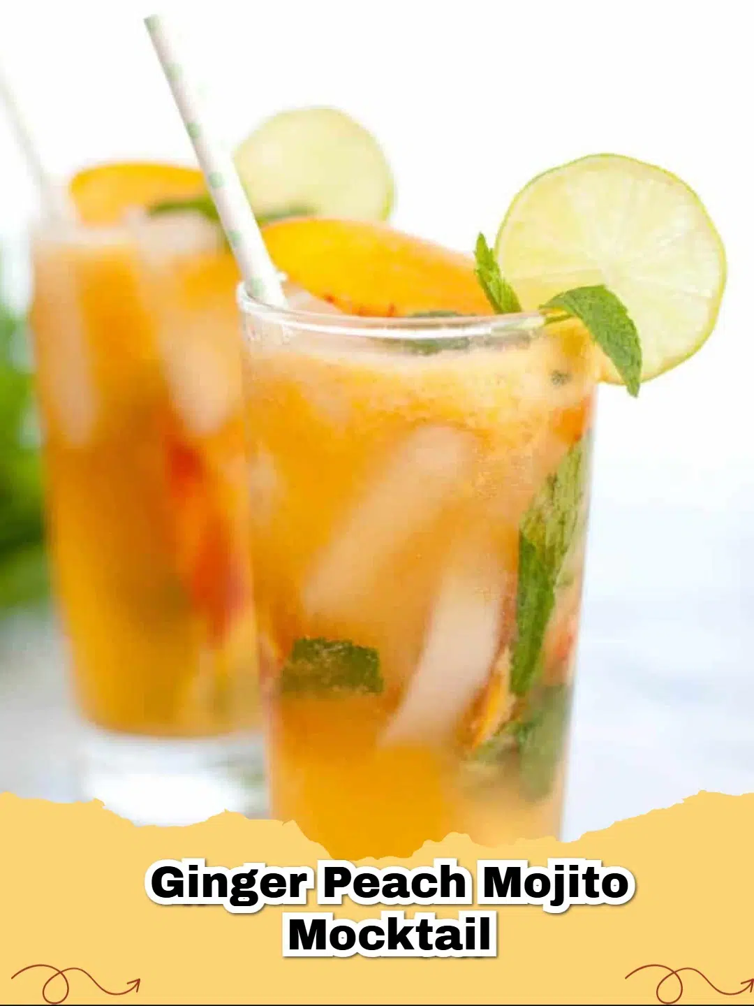 A vibrant ginger peach mojito mocktail in a tall glass, garnished with fresh peach slices, mint, and lime, on a light summer background.