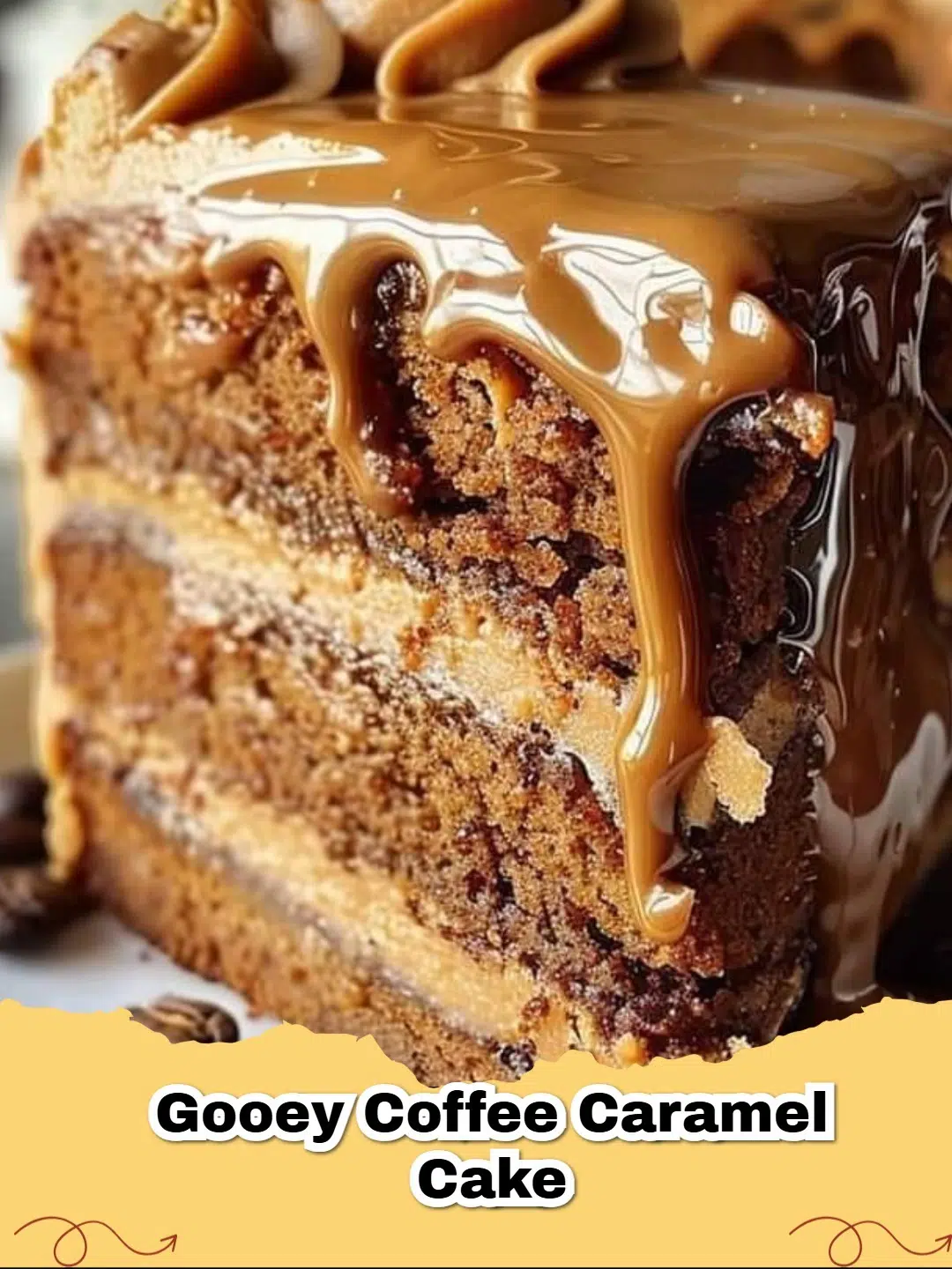 A slice of moist Gooey Coffee Caramel Cake with caramel dripping down, served on a white plate.