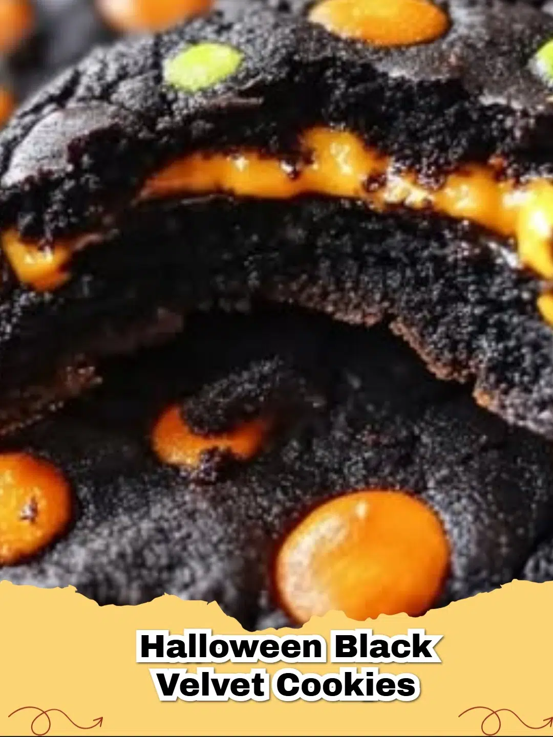 Black Velvet Sandwich Cookies with bright orange cream filling on a Halloween-themed plate.