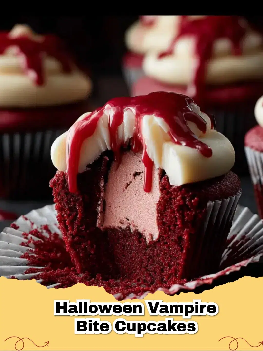 Bloody Vampire Cupcakes for Halloween, garnished with fresh raspberries