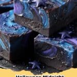 Stunning Halloween Midnight Galaxy Fudge with cosmic swirls, edible glitter, and dark chocolate hues, perfect for spooky treats.