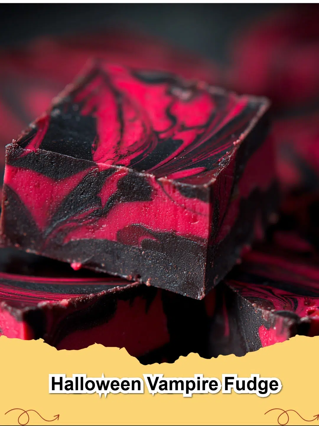 Spooky Halloween Vampire Fudge with white chocolate and red swirls, perfect for a themed party.