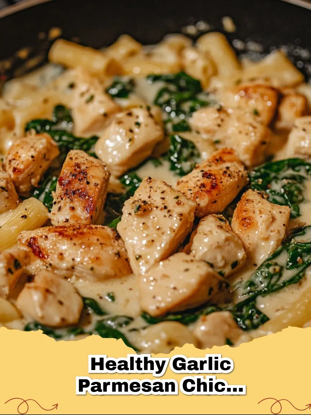 A close-up of a bowl of Healthy Garlic Parmesan Chicken Pasta Recipe with fresh parsley, ready to eat.