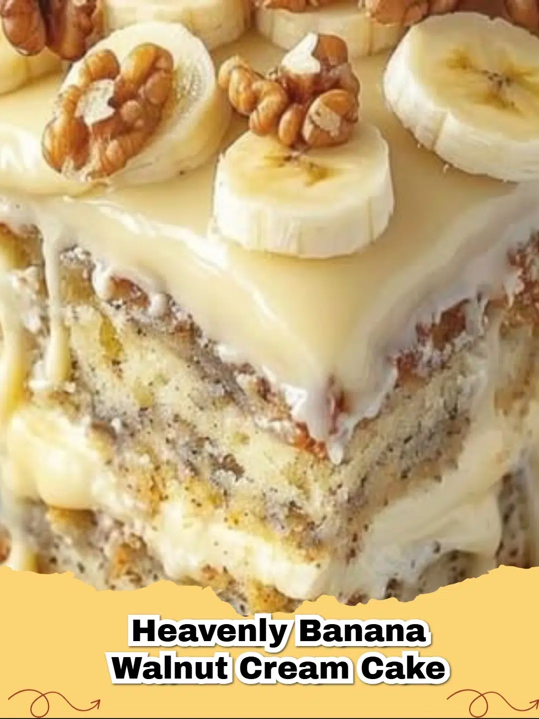 Slice of Heavenly Banana Walnut Cream Cake with cream cheese frosting on a white plate, garnished with walnuts.
