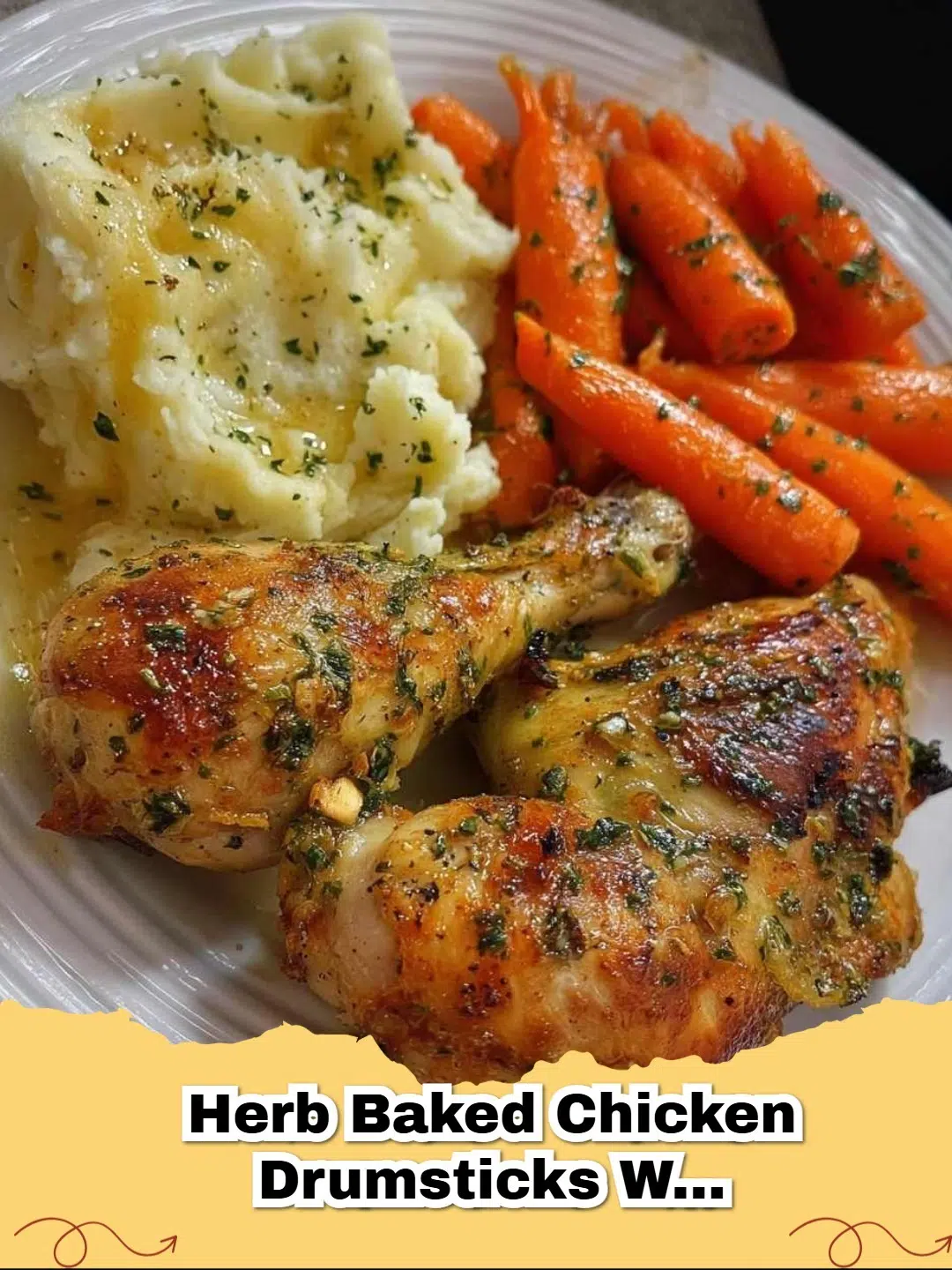 Delicious golden brown Herb Baked Chicken Drumsticks on a serving platter with fresh herbs.