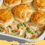 A bubbling Homemade Chicken Pot Pie Casserole with a golden, flaky crust, ready to serve.