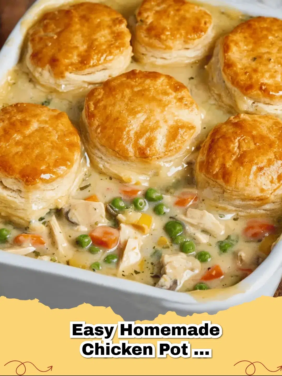 A bubbling Homemade Chicken Pot Pie Casserole with a golden, flaky crust, ready to serve.
