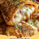 Homemade Easy Cheesy Pizza Pockets, golden brown and filled with melted cheese and pepperoni, served on a plate with marinara dipping sauce.