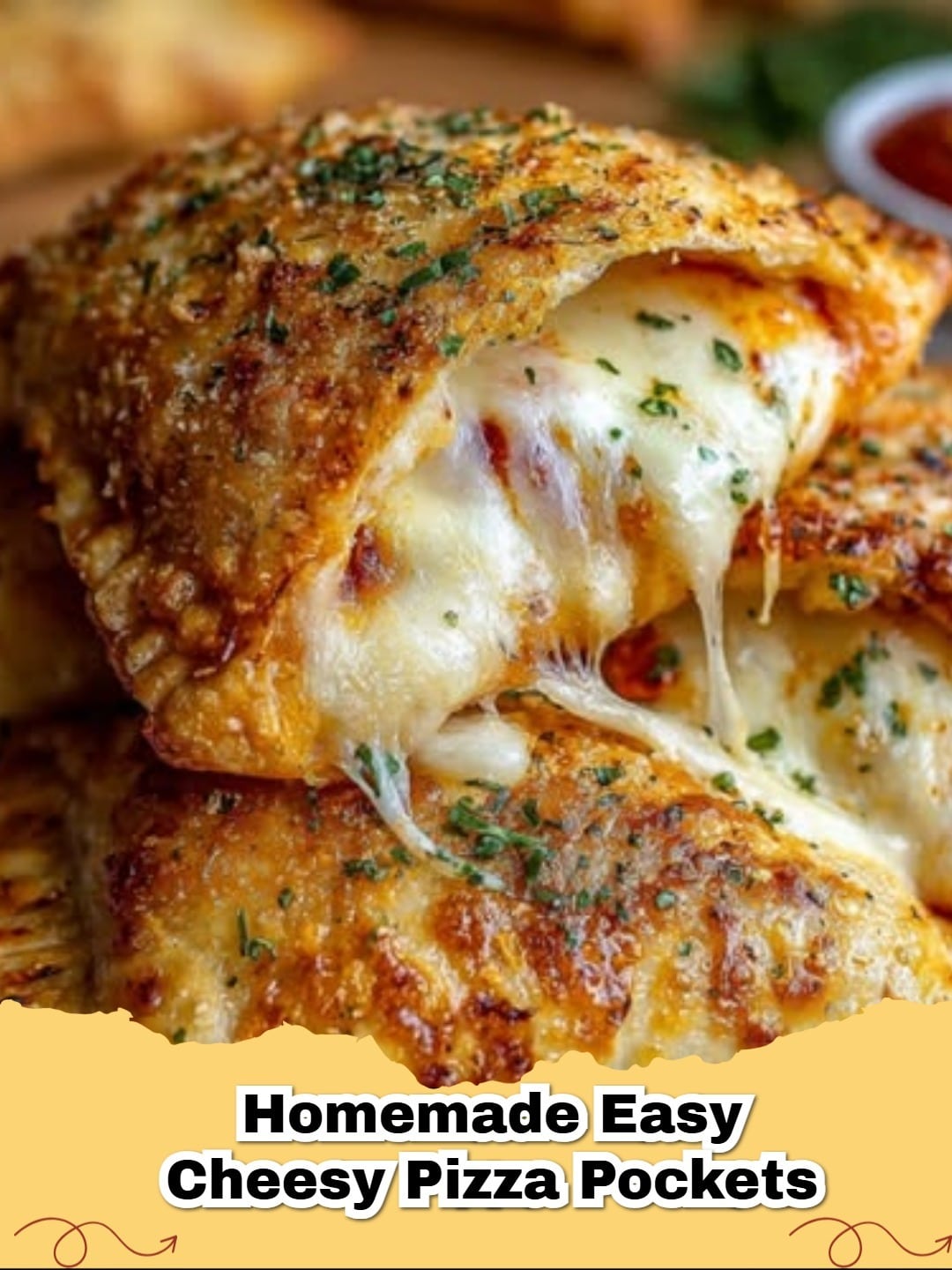 Homemade Easy Cheesy Pizza Pockets, golden brown and filled with melted cheese and pepperoni, served on a plate with marinara dipping sauce.