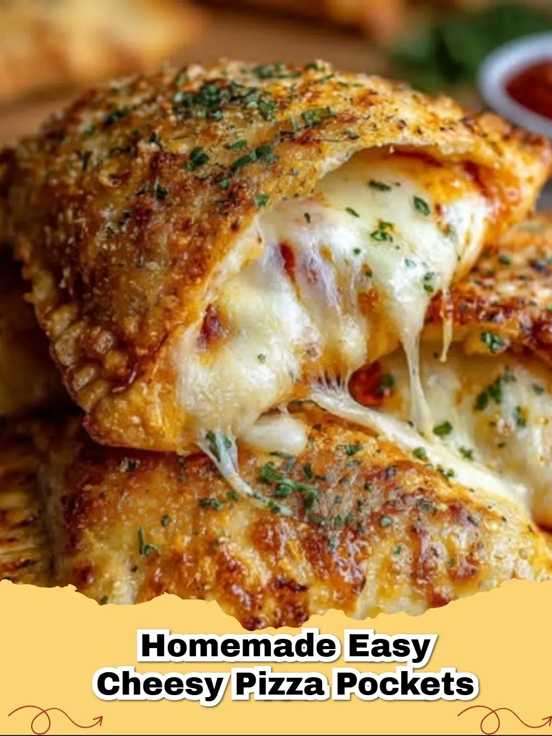 Homemade Easy Cheesy Pizza Pockets, golden brown and filled with melted cheese and pepperoni, served on a plate with marinara dipping sauce.