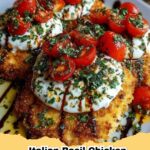 Italian Basil Chicken Cutlets with fresh tomato, basil, and creamy burrata cheese on a plate.