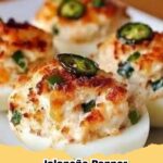 Platter of creamy Jalapeño Popper Deviled Eggs garnished with jalapeño slices and paprika, perfect for a party