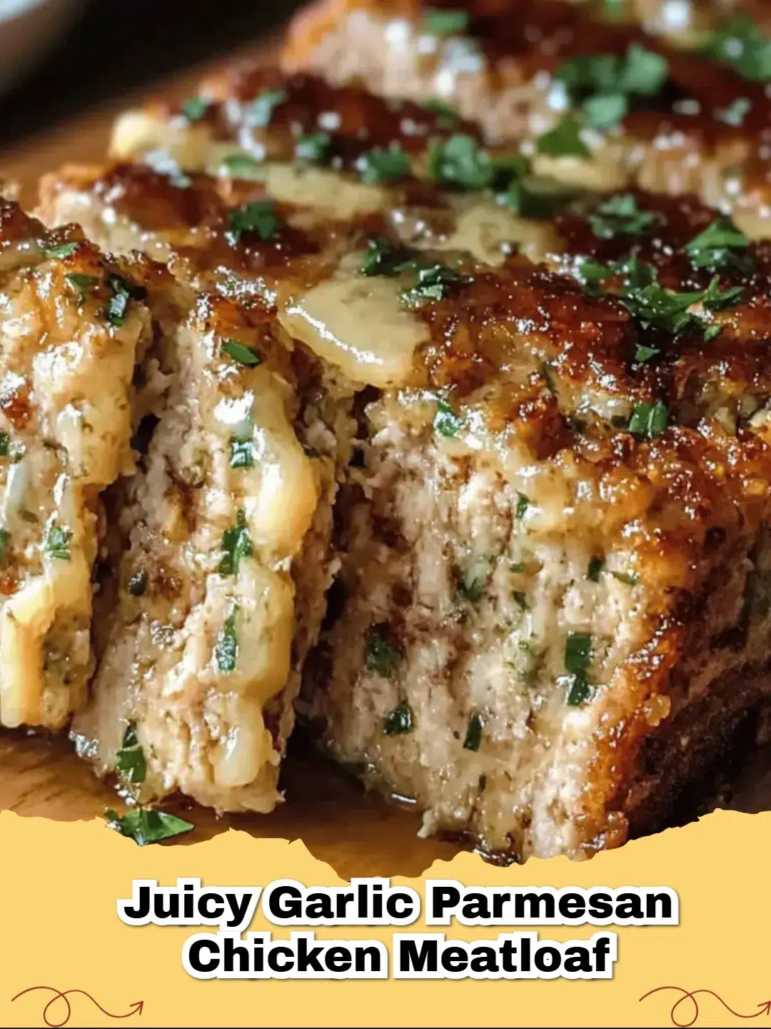 A perfectly baked slice of Juicy Garlic Parmesan Chicken Meatloaf, garnished with fresh parsley on a white plate.