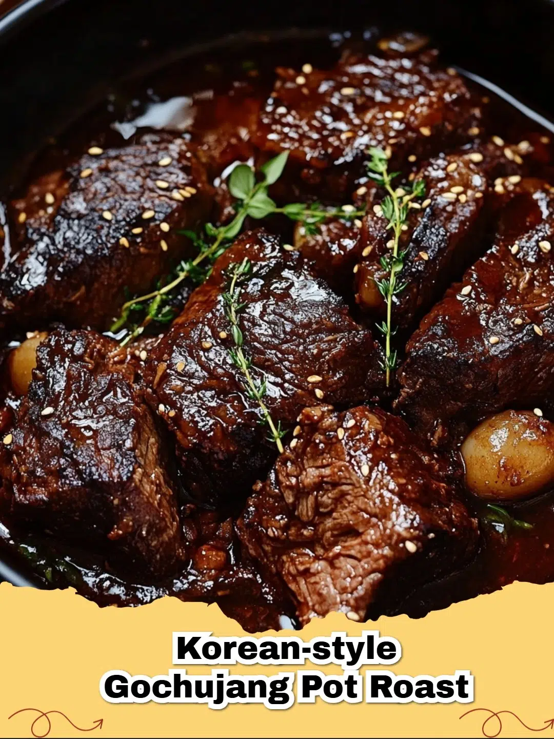 A delicious Korean-Style Gochujang Pot Roast in a Dutch oven, garnished with green onions and sesame seeds, with a side of rice.