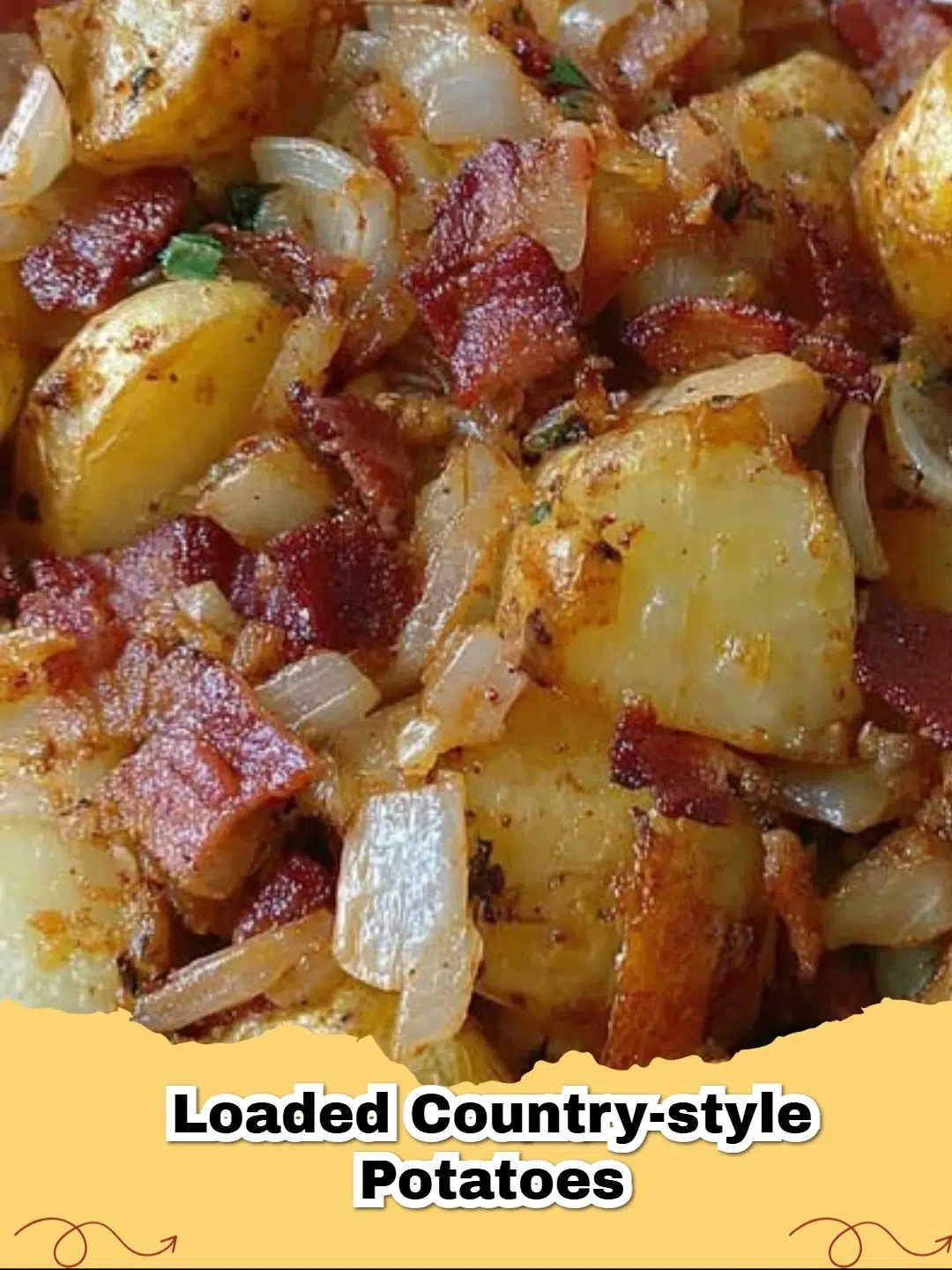 Close-up of golden brown loaded country-style potatoes with melted cheddar, crispy bacon, and fresh chives in a cast iron skillet.