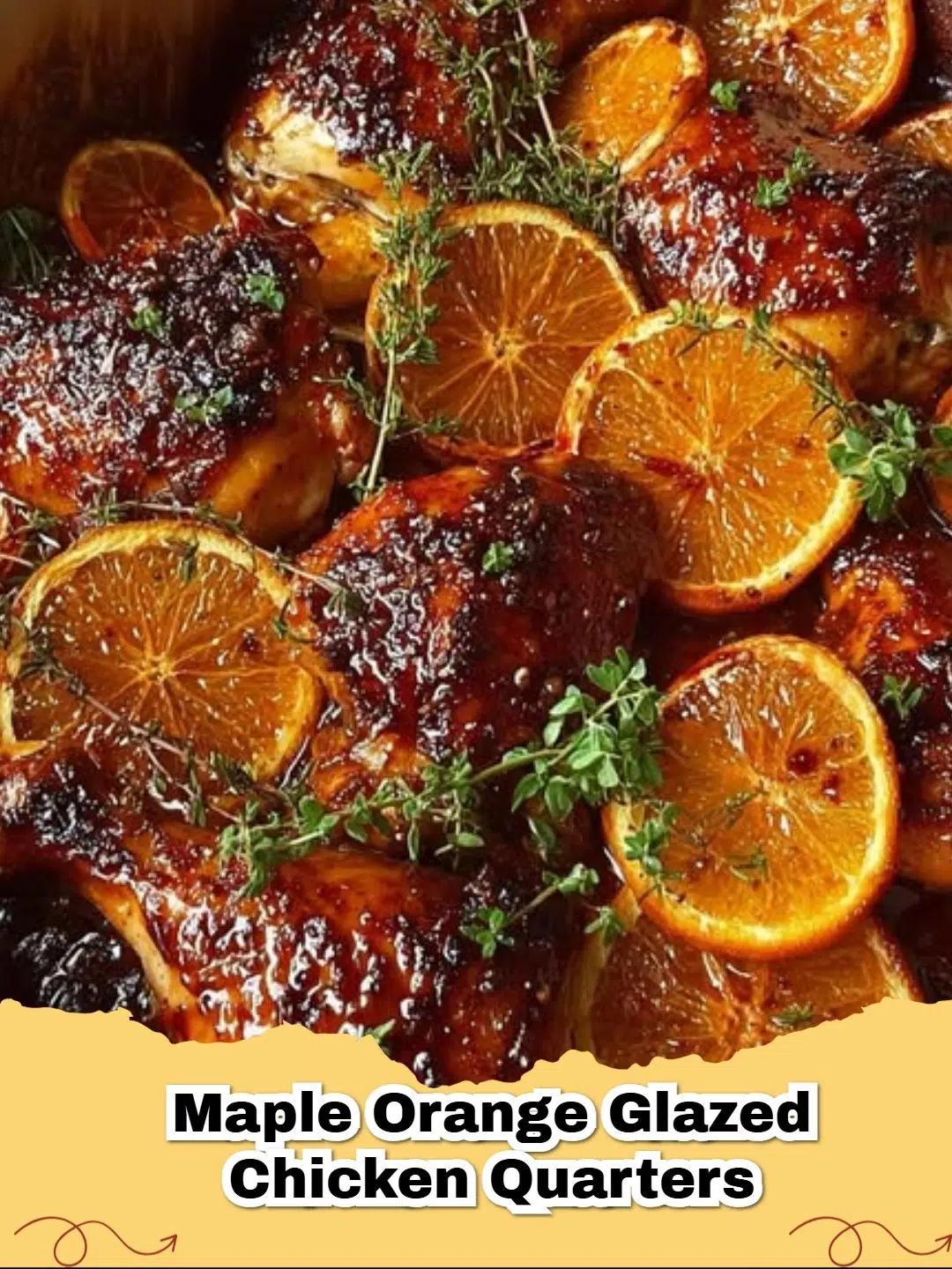 Perfectly glazed maple orange chicken quarters with fresh herbs and orange slices