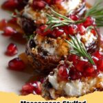 Elegant mascarpone stuffed dates topped with bright red pomegranate seeds and drizzled with honey on a white plate.