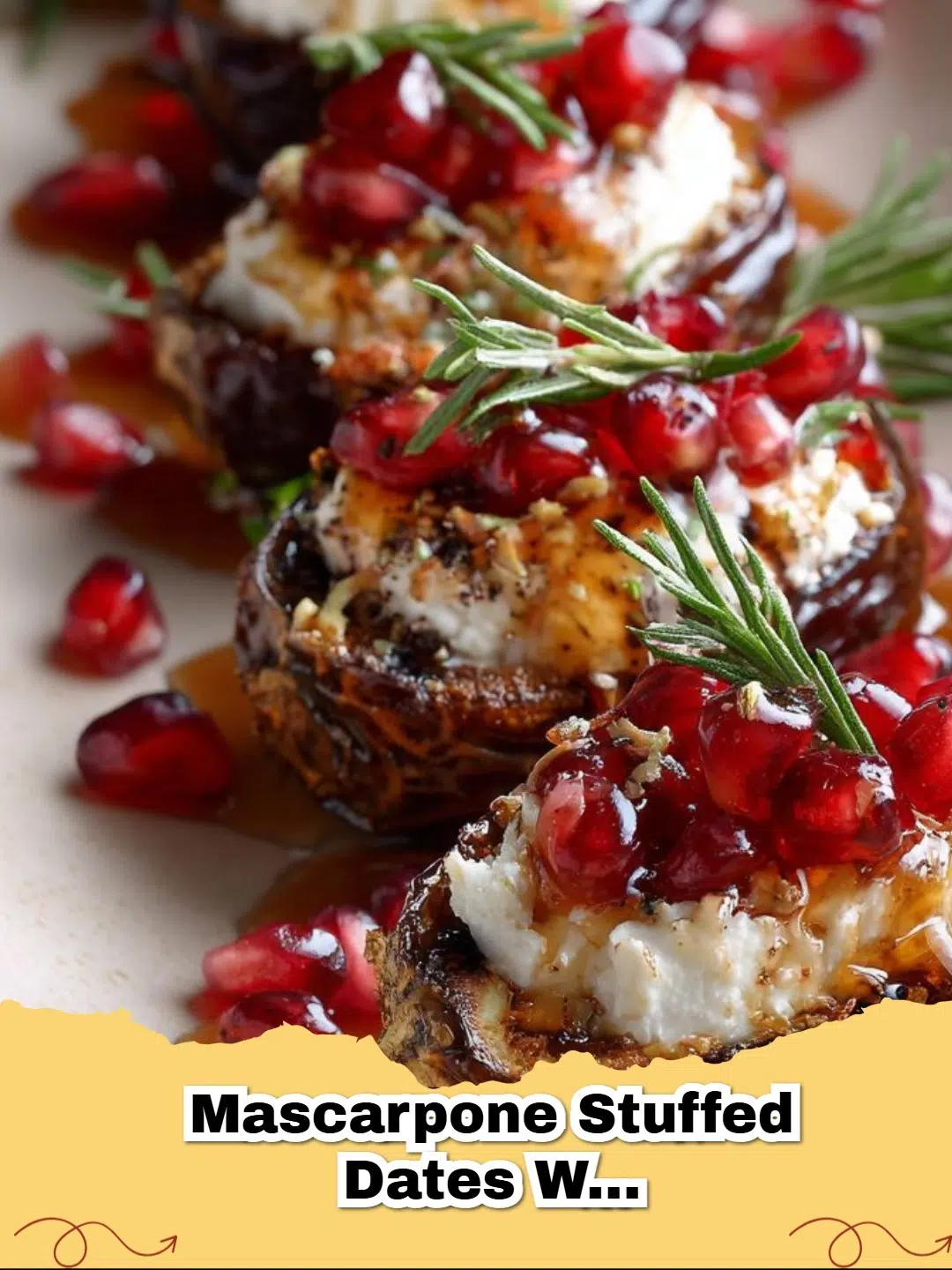 Elegant mascarpone stuffed dates topped with bright red pomegranate seeds and drizzled with honey on a white plate.