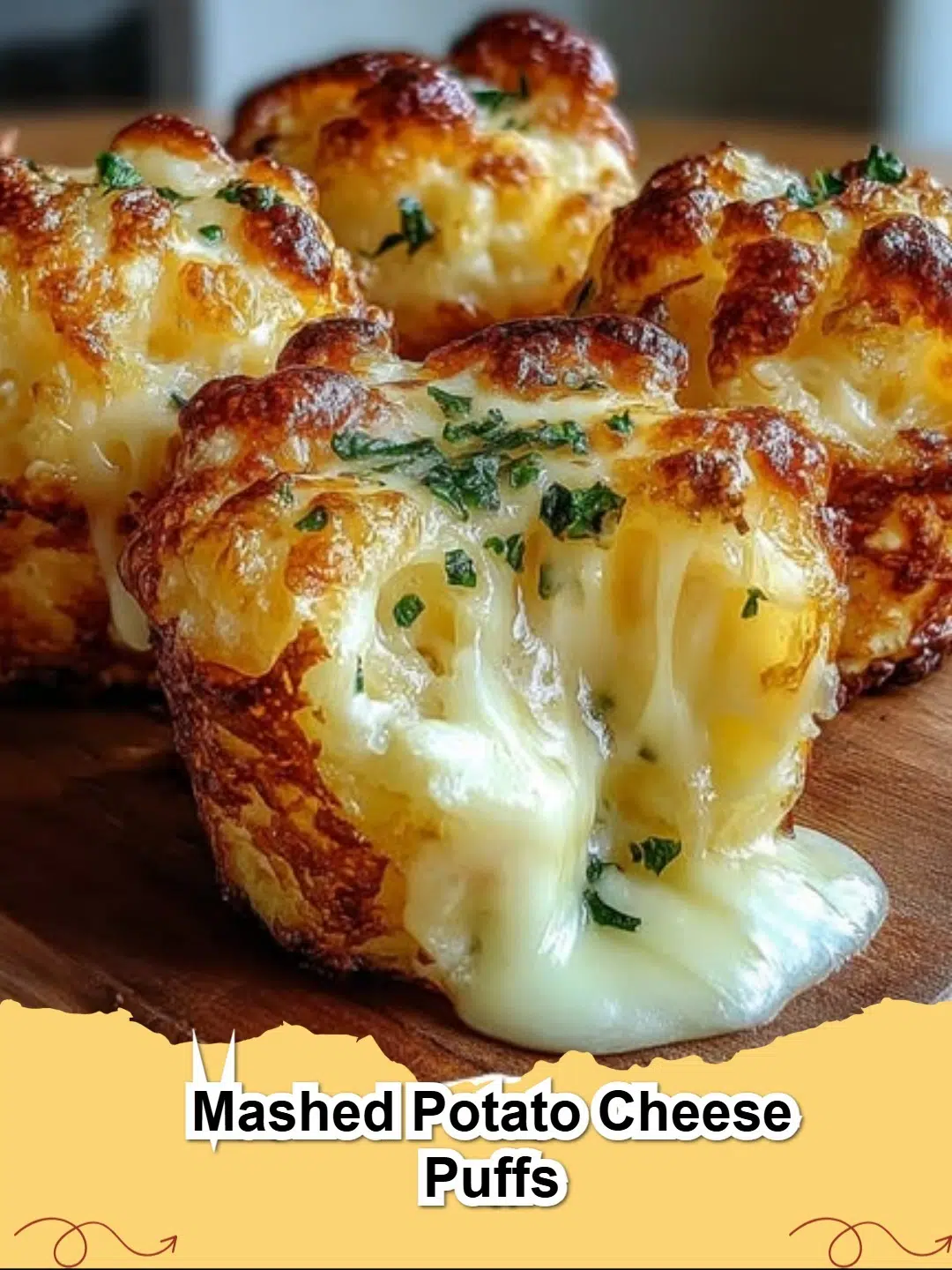 Golden brown and crispy Mashed Potato Cheese Puffs served on a platter with fresh chives.