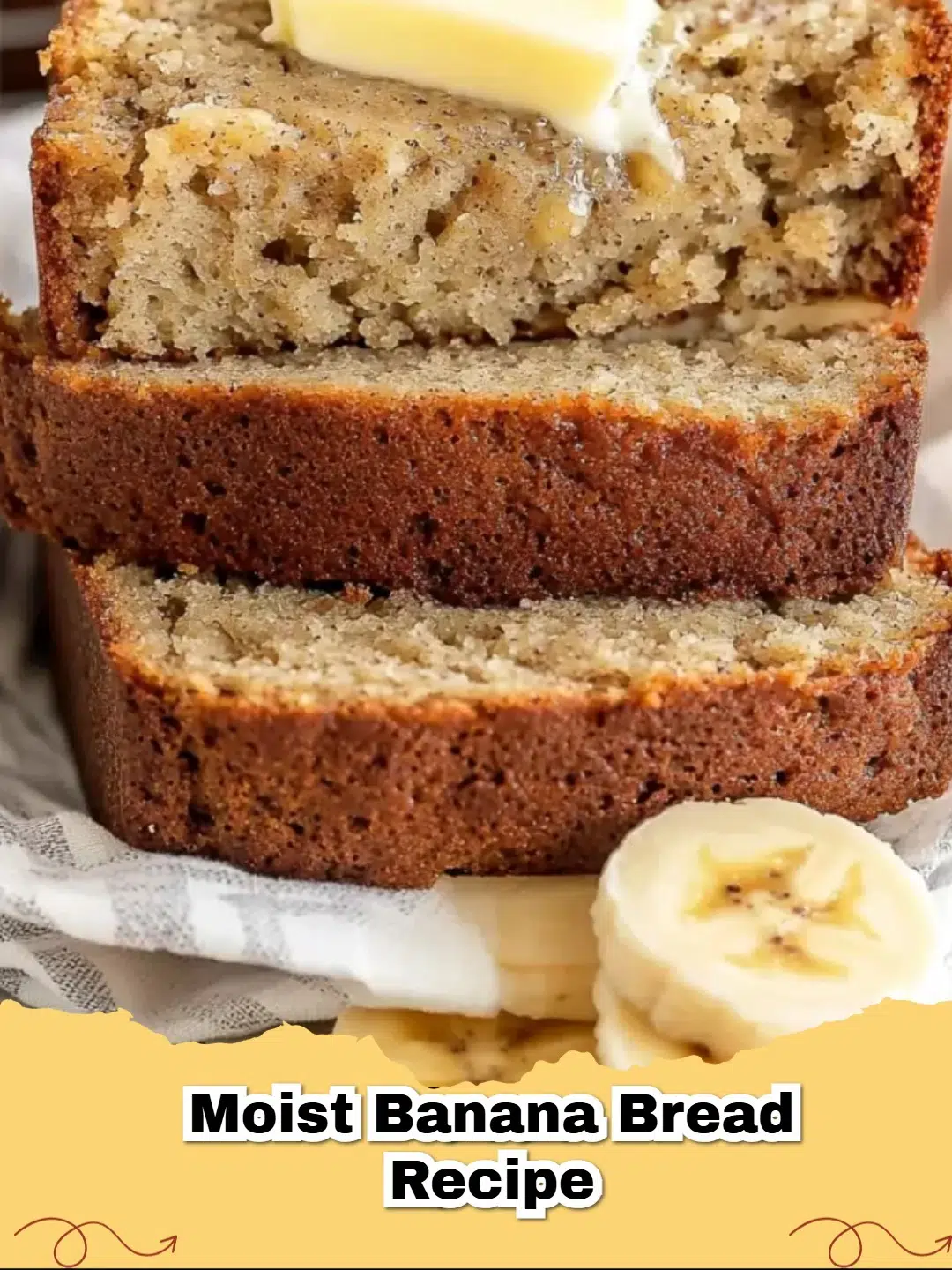 A perfectly baked loaf of moist banana bread sliced on a wooden board, showcasing its tender crumb and golden crust, featuring the primary keyword moist banana bread.