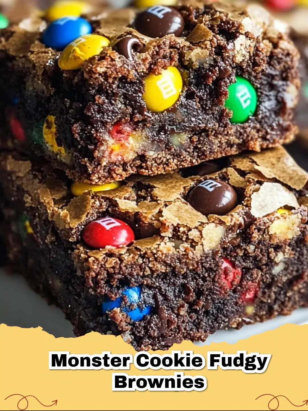 Delicious Monster Cookie Fudgy Brownie Bars in a baking pan, topped with colorful M&Ms and chocolate chips.