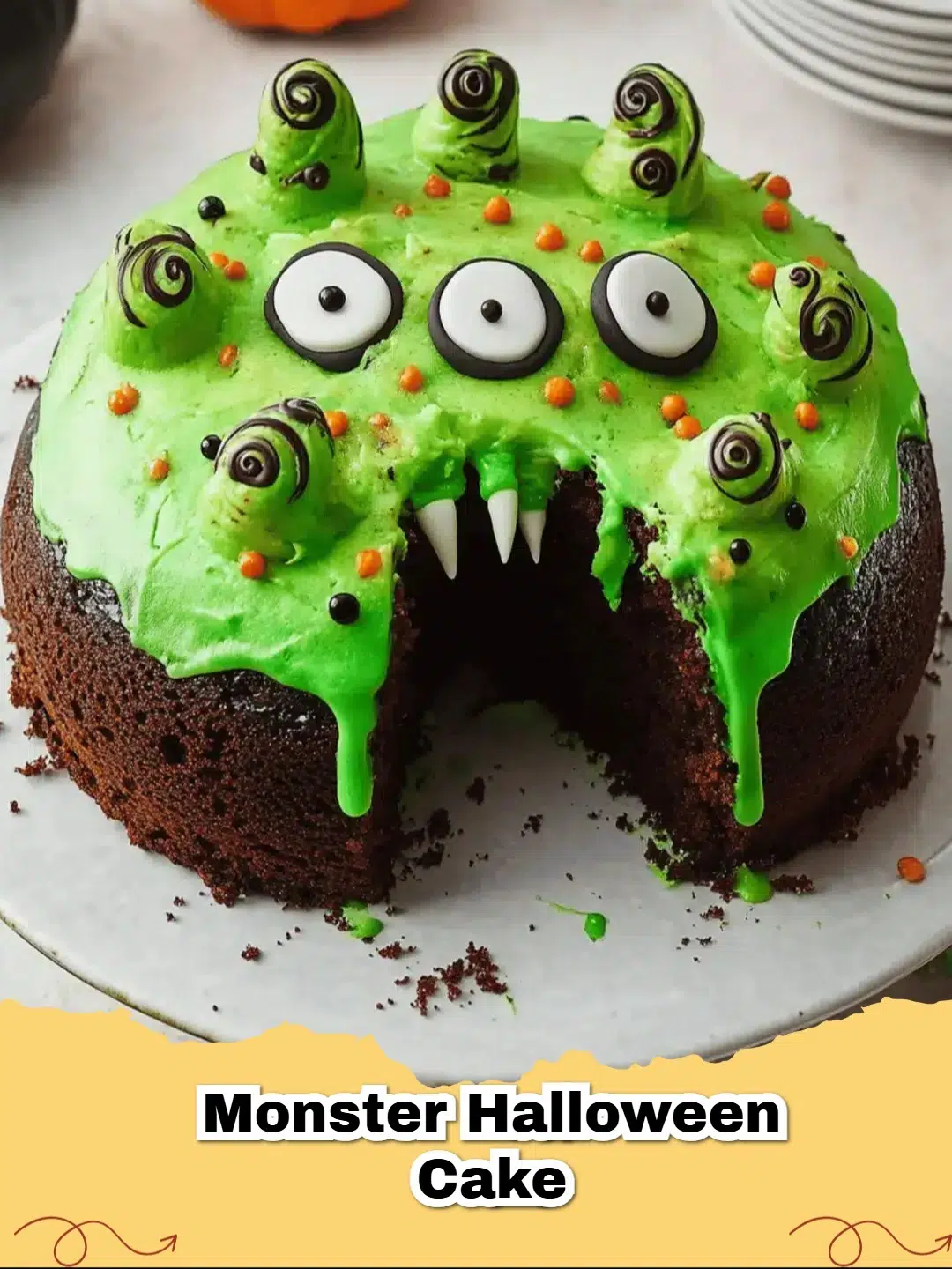 Frightfully fun Monster Halloween Cake decorated with spooky eyes and green frosting, with options for gluten-free and vegan.
