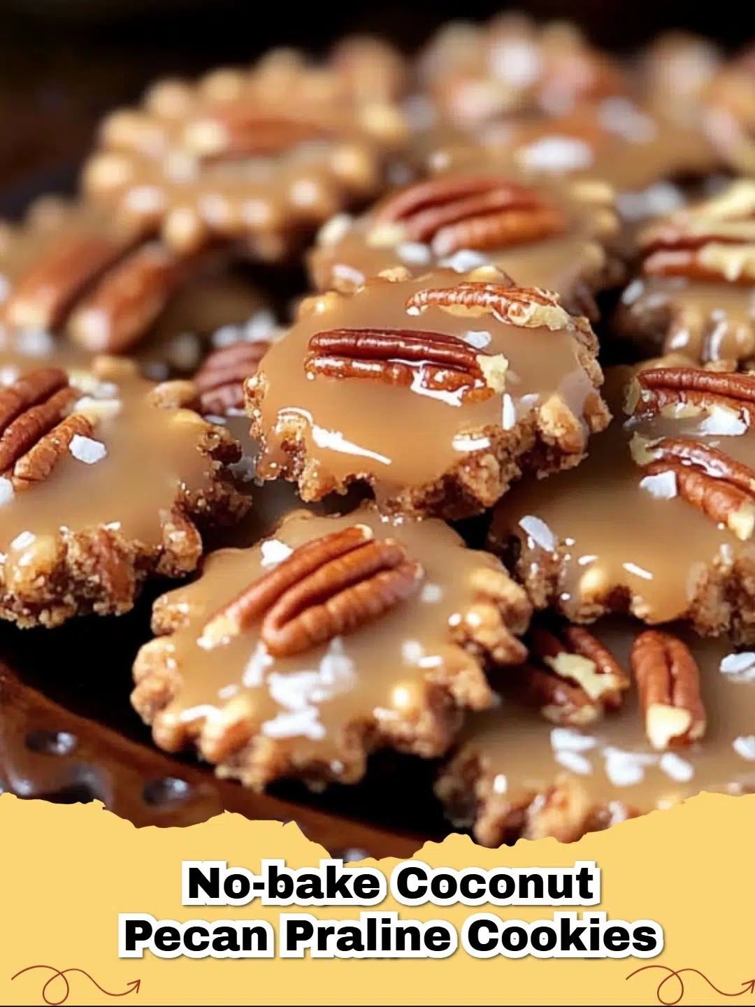 Delicious No-Bake Coconut Pecan Praline Cookies with a crumbly texture